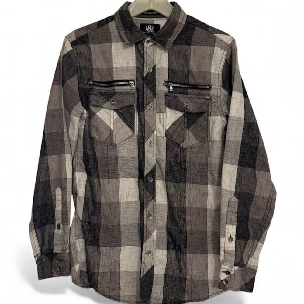 Rock & Republic Button Down Shirt Mens Small Gray Plaid Zip Pockets Long Sleeve‎